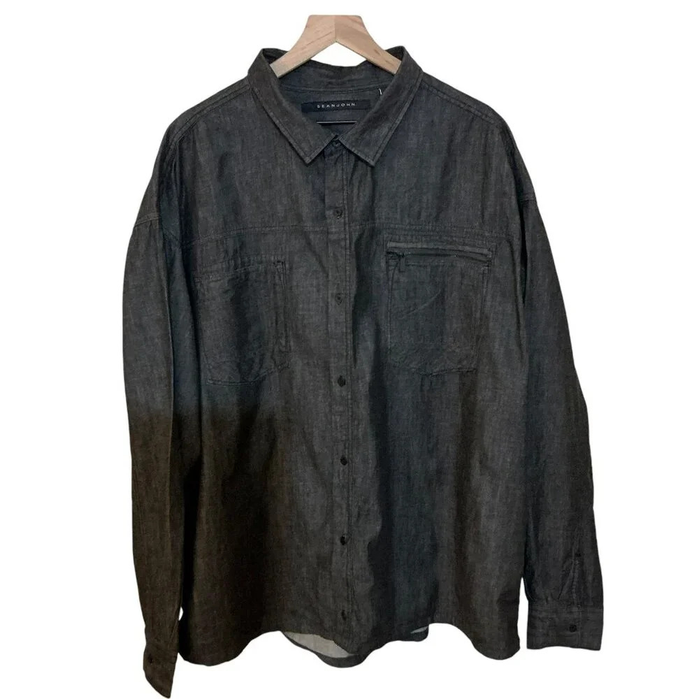 Sean John Black Button Down Heavy Cotton Shirt, 4XB
